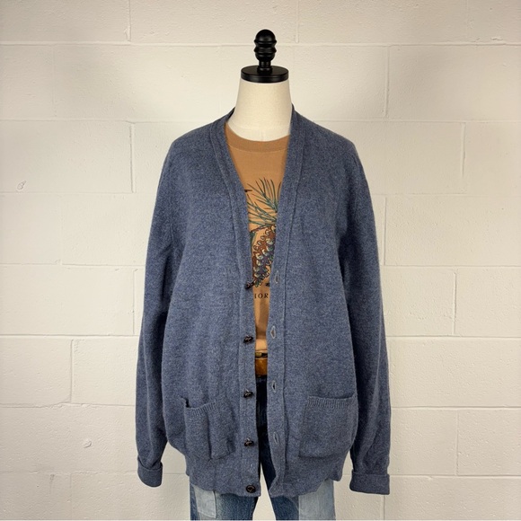 Vintage 80s L.L.Bean Traditional Blue Lambswool Cardigan Sweater Scotland XL